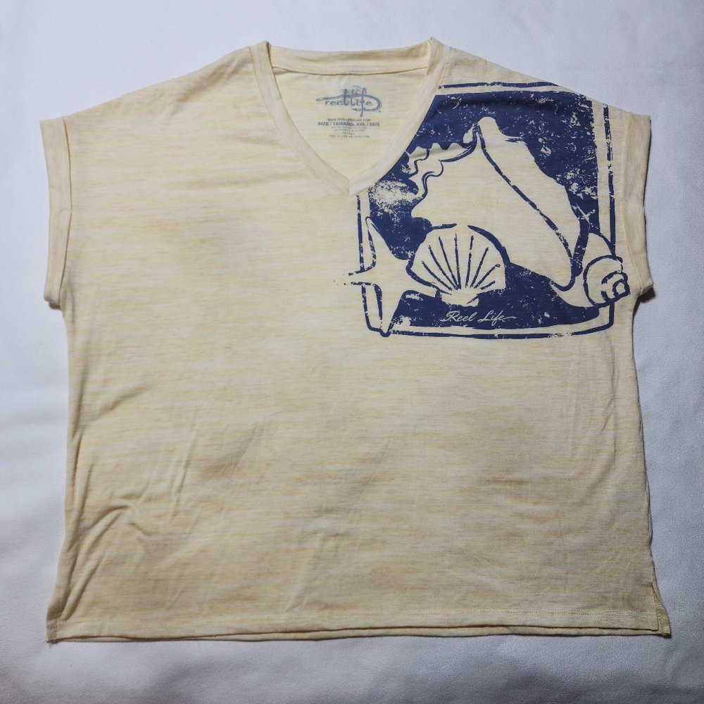 Reel Life Yellow V-neck Short Sleeve Sea Shell Shirt Size 2X
